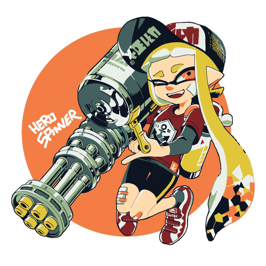 1girl, anchor_symbol, bandage_on_face, bandages, bandaid, bandaid_on_knee, bangs, baseball_cap, bike_shorts, black_headwear, black_legwear, black_shorts, blonde_hair, blunt_bangs, clothes_writing, commentary, domino_mask, english_text, hat, hero_splatling_(splatoon), highres, holding, holding_weapon, inkling, inkling_(language), katsu_noha, long_hair, long_sleeves, looking_at_viewer, mask, one_eye_closed, open_mouth, pointy_ears, red_eyes, red_footwear, red_shirt, shirt, shoes, short_over_long_sleeves, short_sleeves, shorts, single_vertical_stripe, smile, sneakers, socks, solo, splatoon_(series), splatoon_2, standing, t-shirt, tentacle_hair, weapon