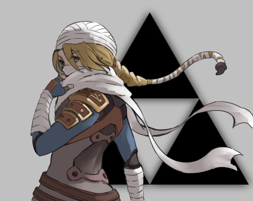 1girl, adjusting_clothes, adjusting_scarf, bandaged_arm, bandages, blonde_hair, braid, eyebrows_visible_through_hair