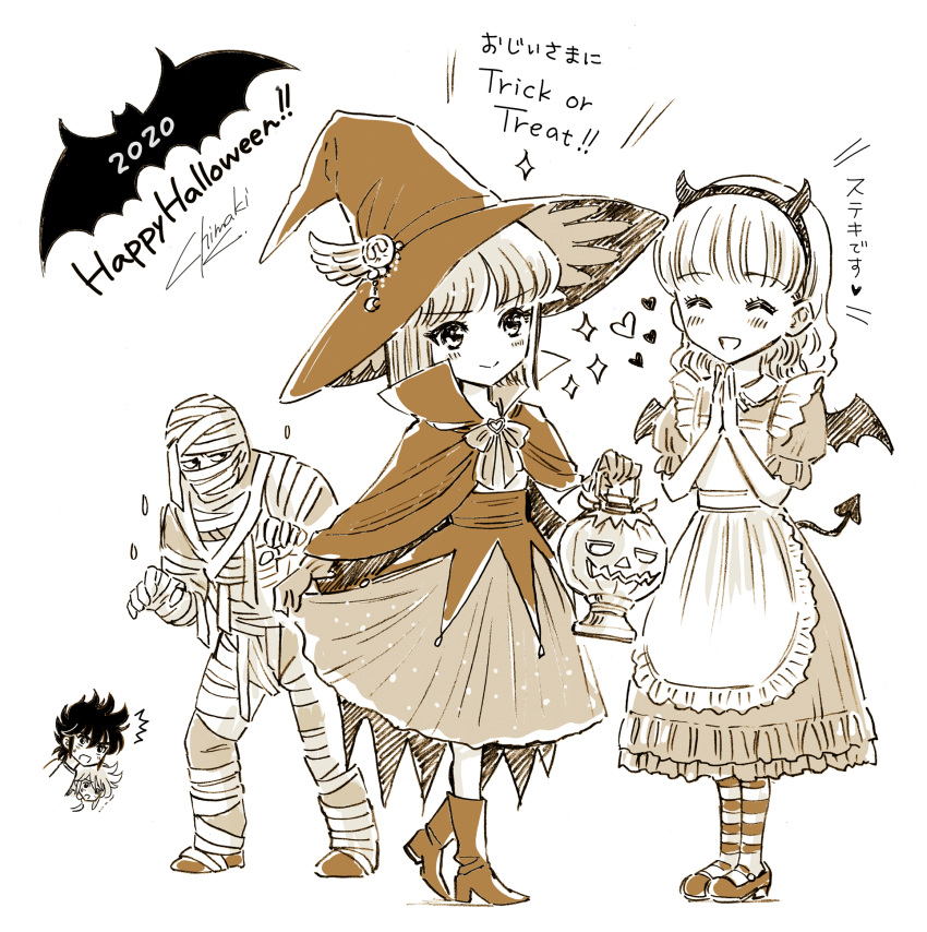 /\/\/\, 2020, 2girls, 3boys, :d, ^_^, andromeda_shun, apron