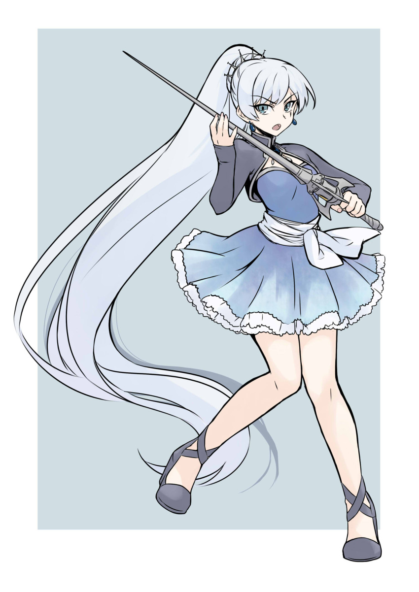 1girl, breasts, commentary, dress, earrings, eyebrows_visible_through_hair, full_body, grey_background, high_heels, highres, ishikane_aoi, jewelry, long_hair, long_sleeves, looking_at_viewer, myrtenaster, open_mouth, ponytail, rwby, scar, scar_across_eye, shrug_(clothing), simple_background, small_breasts, solo, sword, tongue, very_long_hair, weapon, weiss_schnee