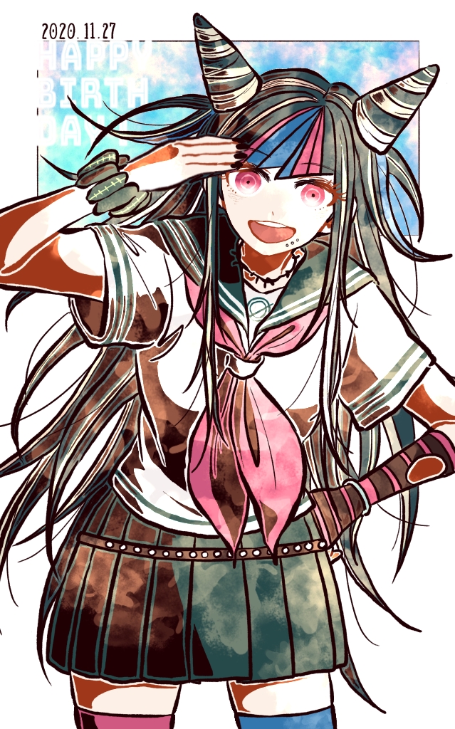 1girl, :d, arm_up, asymmetrical_gloves, bangs, belt, black_hair, black_sailor_collar
