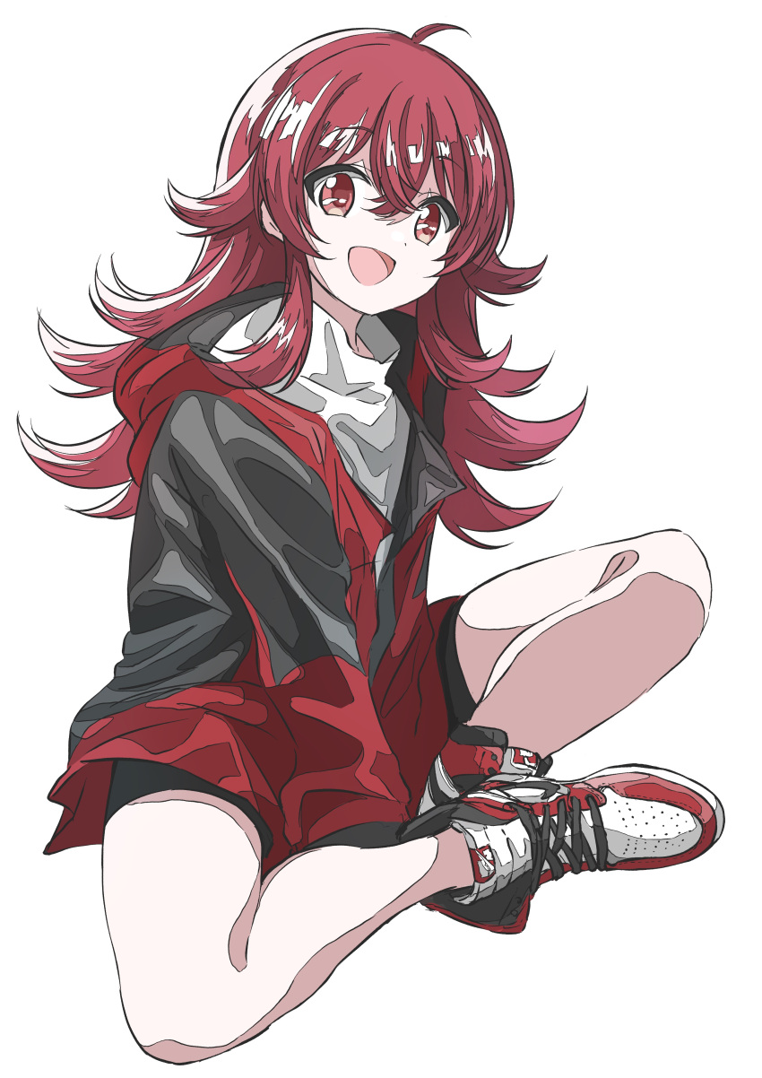 1girl, :d, absurdres, ahoge, bare_legs, bike_shorts, commentary_request, full_body, highres, idolmaster, idolmaster_shiny_colors, indian_style, jacket, komiya_kaho, long_hair, long_sleeves, looking_at_viewer, open_mouth, red_eyes, red_jacket, redhead, shoes, sitting, smile, sneakers, solo, urota_shimapann, white_background