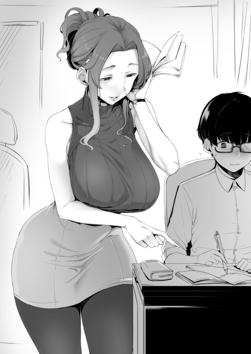 1boy, 1girl, bangs, bare_shoulders, blush, breasts, collared_shirt, commentary_request