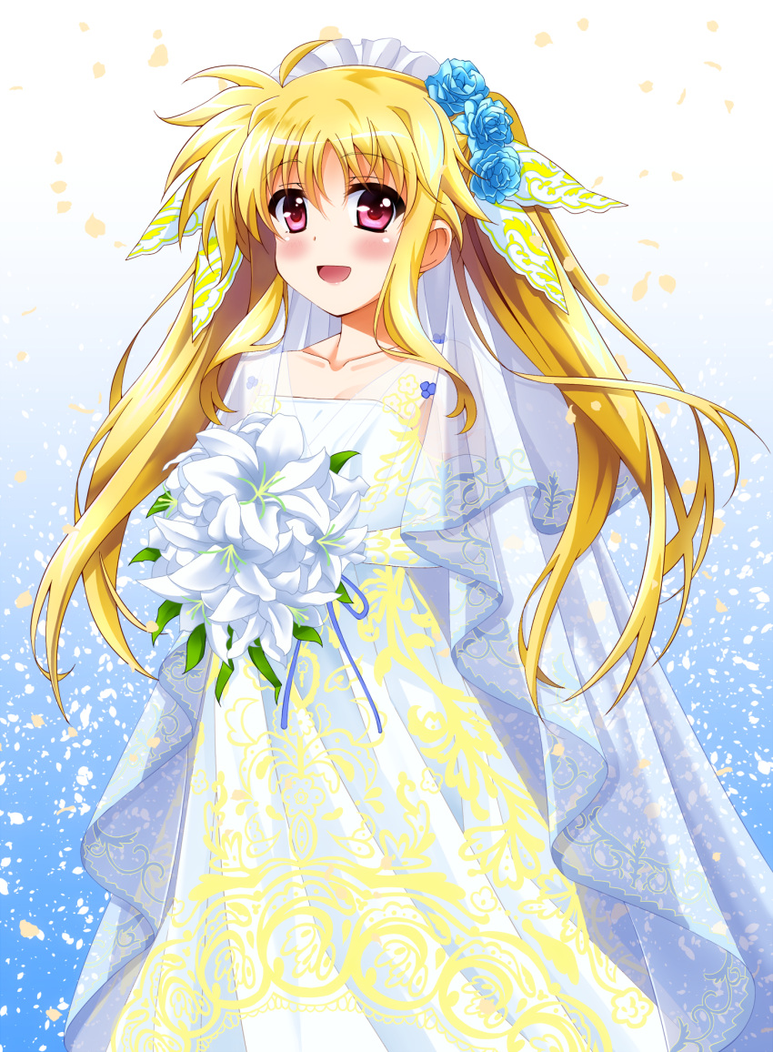 1girl, bangs, blonde_hair, blue_flower, blue_rose, bouquet, bridal_veil, commentary