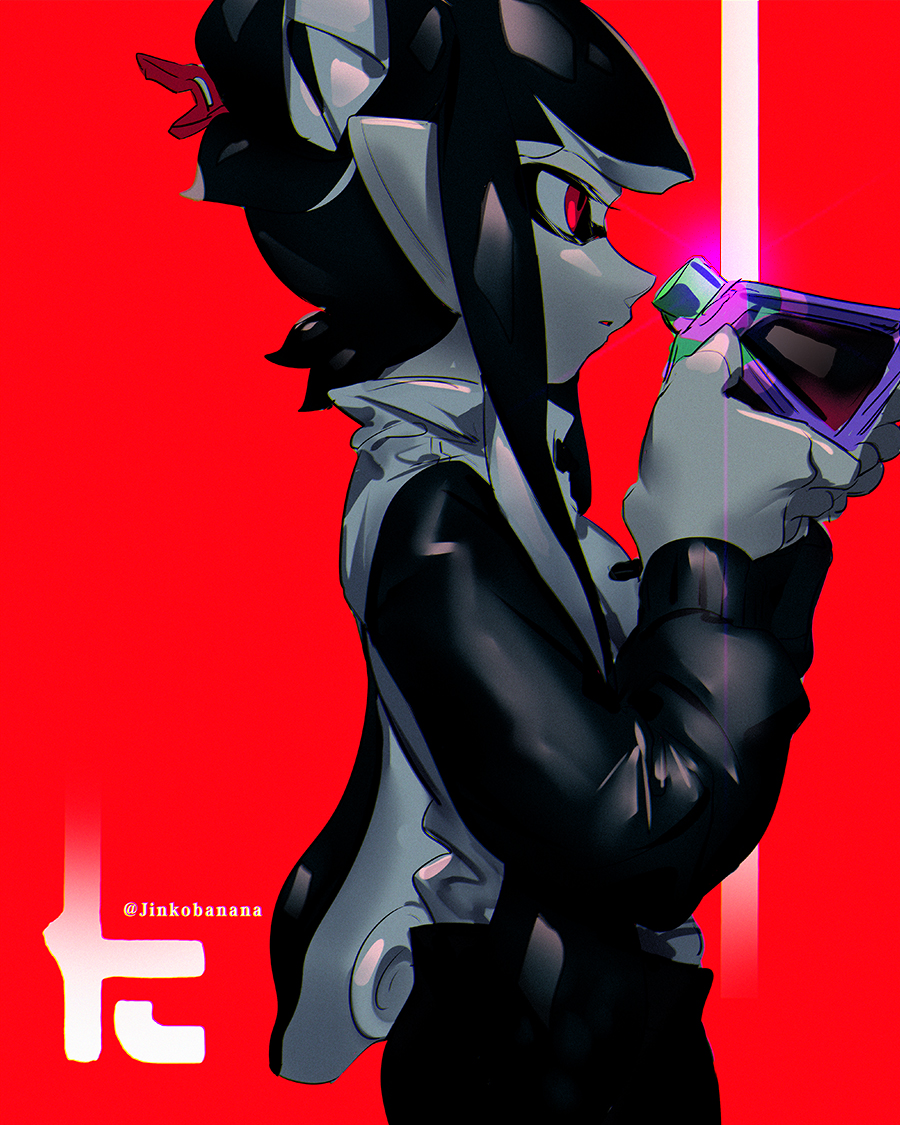 1girl, bangs, black_hair, blunt_bangs, chinese_commentary, commentary_request, domino_mask, from_side, hair_ornament, holding, holding_weapon, inkling, jacket, jinkobanana, logo, long_hair, long_sleeves, looking_to_the_side, mask, parted_lips, partially_colored, pointy_ears, red_background, red_eyes, solo, splat_bomb_(splatoon), splatoon_(series), splatoon_2, standing, tentacle_hair, tied_hair, twitter_username, weapon