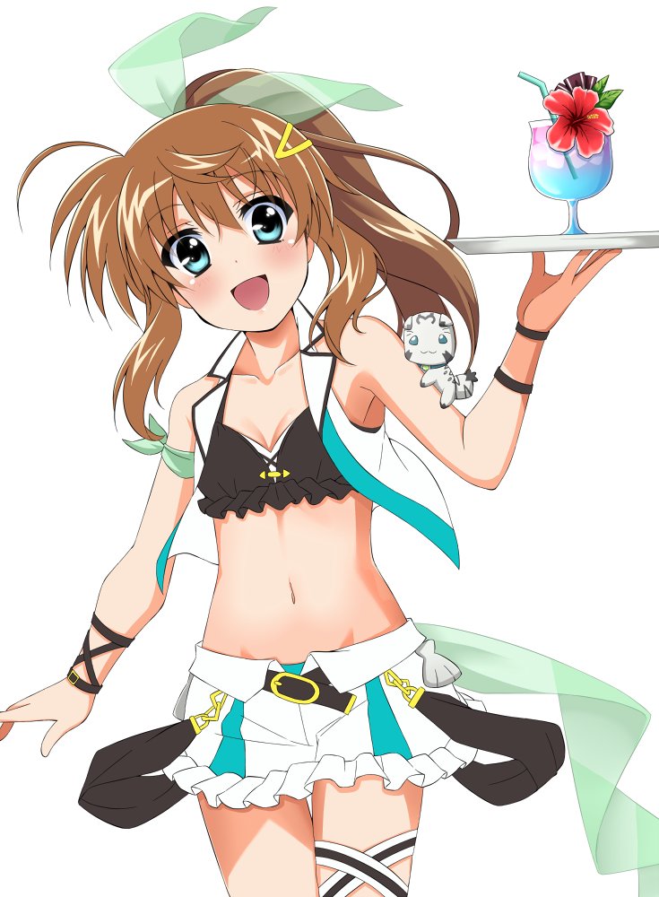1girl, :d, adapted_costume, ahoge, bangs, bikini, bikini_skirt, black_bikini