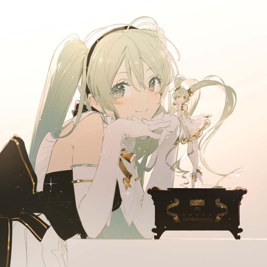 1girl, arm_support, armlet, backlighting, bare_shoulders, beige_background, black_bow, black_hairband