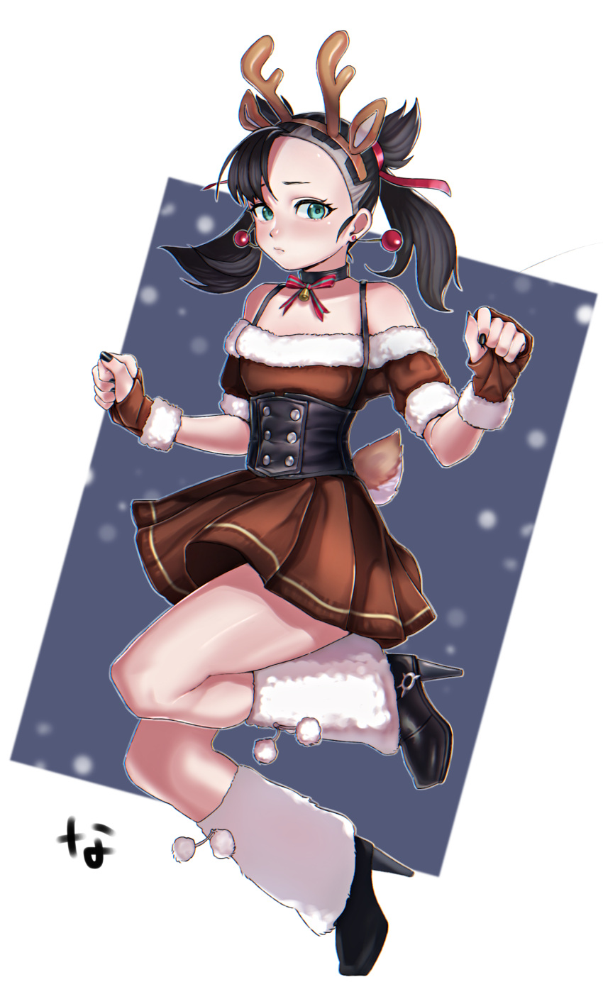 1girl, absurdres, animal_ears, antlers, asymmetrical_bangs, bangs, black_choker, black_footwear