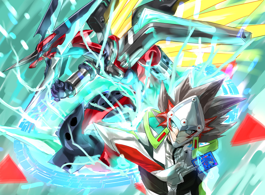 absurdres, blue_eyes, borrelsword_dragon, card, dragon, gun, handgun, headgear, highres, huge_filesize, kogami_ryoken, lightning, multicolored_hair, redhead, revolver, revolver_(yu-gi-oh!), umi-chan_(umi-chan_koubou), visor, weapon, white_hair, yu-gi-oh!, yu-gi-oh!_vrains