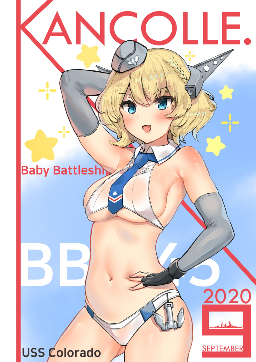 1girl, 2020, anchor, arm_up, bangs, bikini, blonde_hair, blue_neckwear