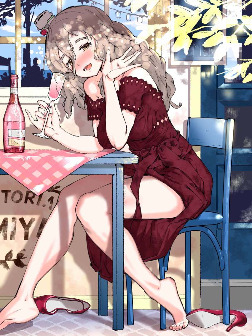1girl, alternate_costume, barefoot, bottle, brown_eyes, chair, commentary_request, cup