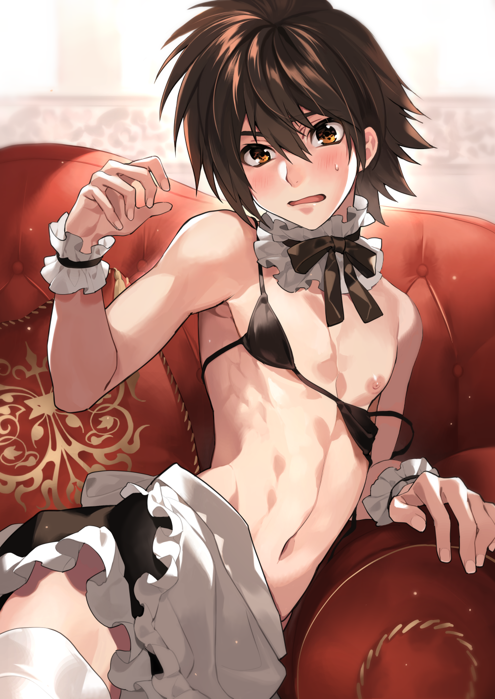 1boy, bikini, black_neckwear, blush, brown_eyes, brown_hair, couch, crossdressinging