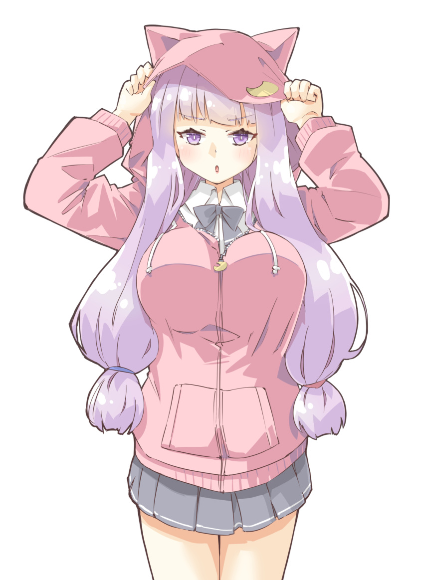 1girl, adjusting_hood, animal_ears, animal_hood, arnest, bangs, blunt_bangs, blush