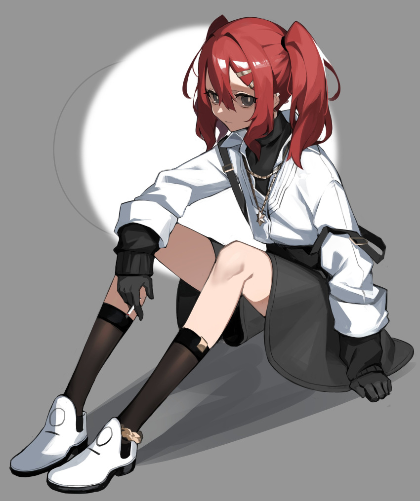 1girl, absurdres, balance_(superdust), black_gloves, black_legwear, boots, cigarette, full_body