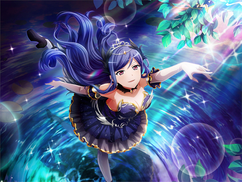 dress, kochou_shizuha, long_hair, purple_hair, shoujo_kageki_revue_starlight, strapless_dress, violet_eyes