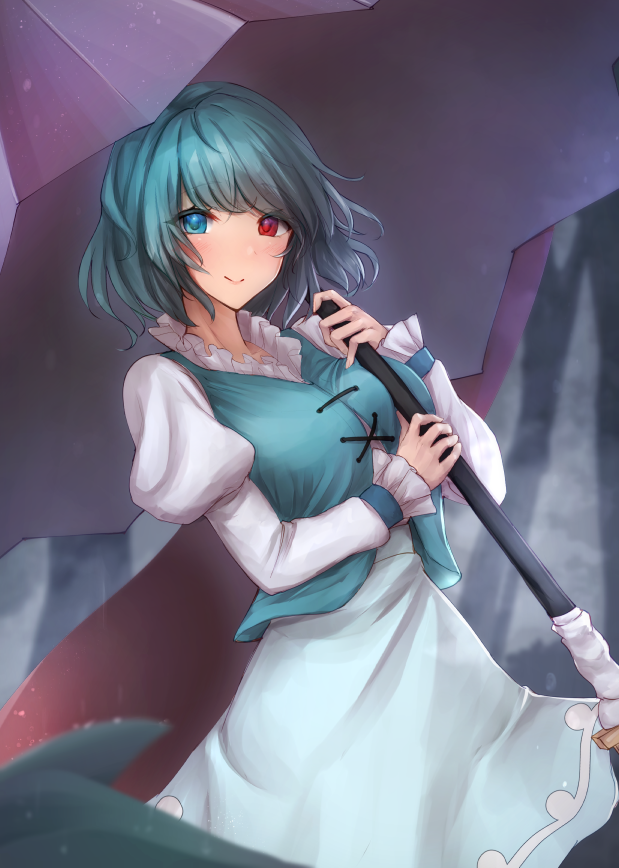 1girl, akehi_yuki, bangs, blue_eyes, blue_hair, blue_skirt, blue_vest, blurry