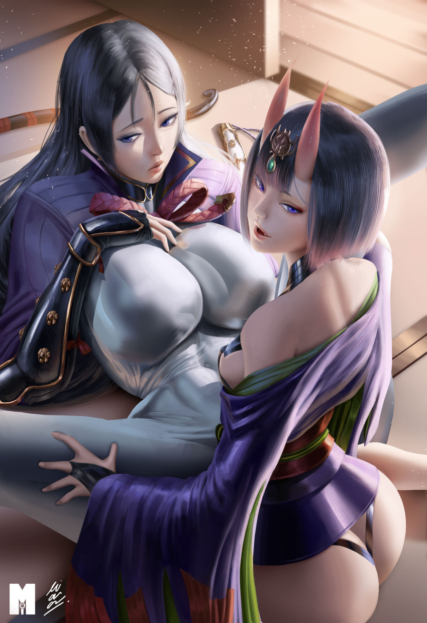 2girls, armor, ass, back, bangs, bare_shoulders, black_gloves, bob_cut, bodysuit, bow_(weapon), breasts, bridal_gauntlets, eyeliner, fate/grand_order, fate_(series), fingerless_gloves, gloves, headpiece, highres, horns, japanese_armor, japanese_clothes, katana, kimono, kote, large_breasts, long_hair, long_sleeves, looking_at_viewer, looking_back, looking_to_the_side, lying, makeup, minamoto_no_raikou_(fate/grand_order), moi'dukdum, multiple_girls, off_shoulder, on_back, oni, oni_horns, parted_bangs, parted_lips, purple_bodysuit, purple_hair, purple_kimono, revealing_clothes, ribbed_sleeves, short_hair, shuten_douji_(fate/grand_order), skin-covered_horns, small_breasts, smile, spread_legs, sword, thighs, very_long_hair, violet_eyes, weapon, wide_sleeves