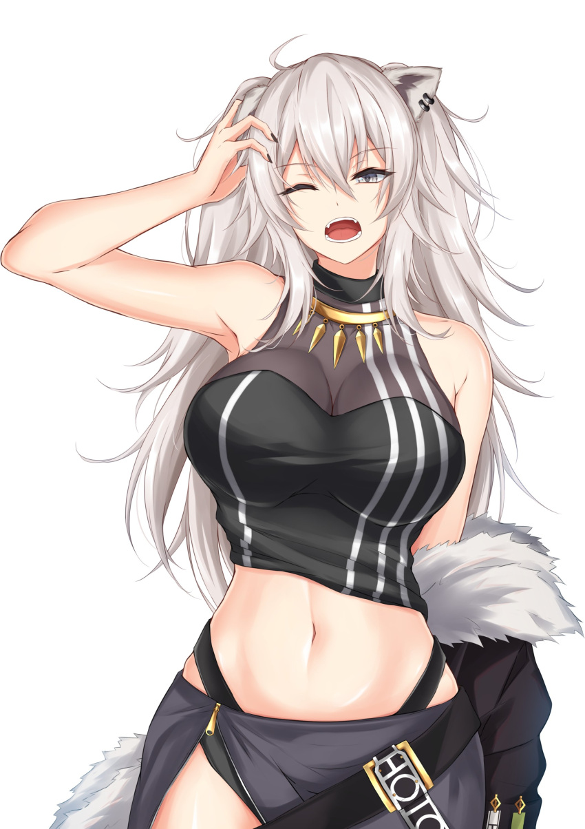1girl, absurdres, animal_ears, bare_shoulders, black_jacket, black_nails, black_skirt, breasts