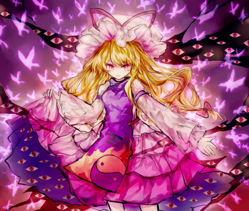 1girl, absurdres, alternate_breast_size, alternate_color, alternate_eye_color, arm_strap, bangs, blonde_hair, breasts, colored_eyelashes, dress, dress_lift, eyebrows_visible_through_hair, eyes, flame_print, floating_hair, gap_(touhou), gradient, gradient_background, gradient_dress, gradient_hat, grin, hair_between_eyes, hat, hat_ribbon, highres, huge_filesize, looking_at_viewer, mob_cap, open_hand, outstretched_arm, pink_background, pink_butterfly, pink_dress, pink_eyes, pink_ribbon, purple_background, purple_butterfly, purple_dress, purple_theme, red_background, red_eyes, ribbon, sanuo, slit_pupils, small_breasts, smile, solo, tabard, too_many_butterflies, touhou, transparent_butterfly, white_dress, white_headwear, wide_sleeves, yakumo_yukari, yin_yang_print
