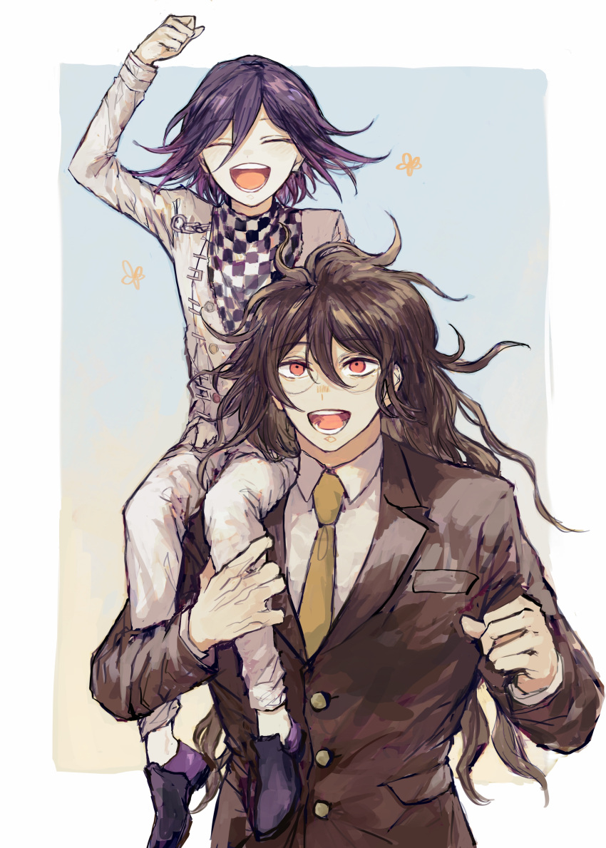 2boys, :d, absurdres, black_footwear, black_hair, brown_hair, brown_jacket, carrying