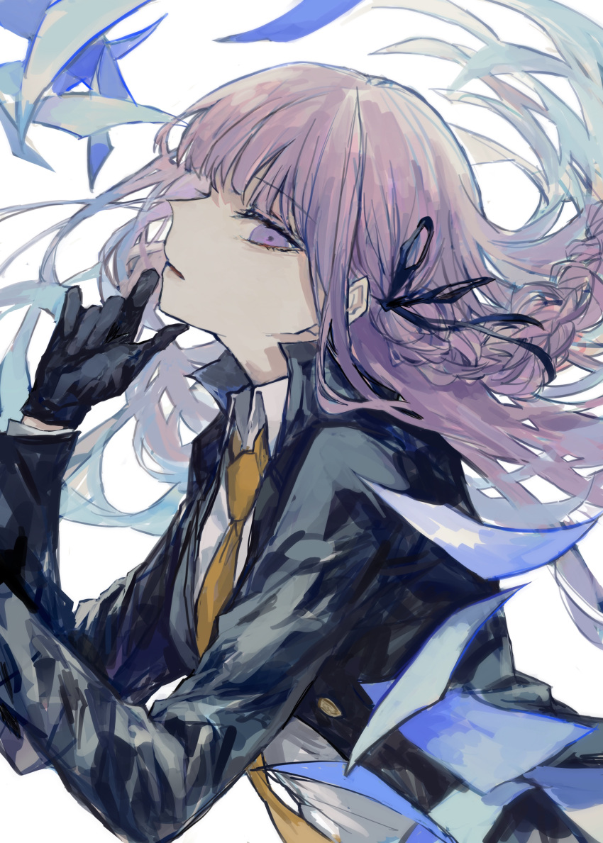 1girl, absurdres, bangs, black_gloves, black_ribbon, braid, commentary_request, dangan_ronpa, dangan_ronpa_1, eyebrows_visible_through_hair, floating_hair, from_side, gloves, hair_ribbon, highres, jacket, kirigiri_kyouko, long_hair, long_sleeves, looking_at_viewer, necktie, postal_mark_(tsu_qq), purple_hair, ribbon, shirt, side_braid, simple_background, single_braid, solo, upper_body, violet_eyes, white_shirt