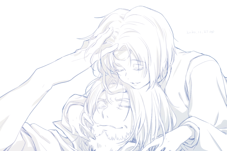 1boy, 1girl, beard, closed_eyes, closed_mouth, commentary, couple, dated
