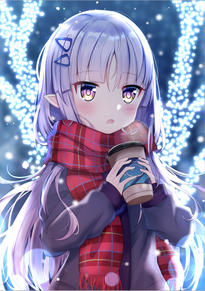 1girl, :o, bangs, black_shirt, blush, breath, christmas, christmas_lights, coffee_cup, commentary_request, cup, disposable_cup, eyebrows_visible_through_hair, hair_between_eyes, hair_ornament, hairclip, hands_up, holding, holding_cup, kyouka_(princess_connect!), long_hair, long_sleeves, looking_away, lydia601304, parted_lips, plaid, plaid_scarf, pointy_ears, princess_connect!, princess_connect!_re:dive, purple_hair, red_scarf, scarf, shirt, sleeves_past_wrists, solo, upper_body, very_long_hair, violet_eyes