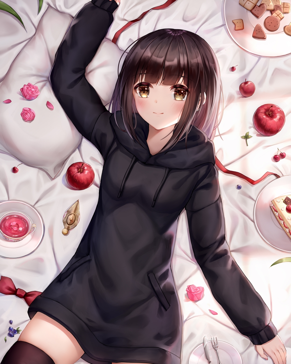 1girl, apple, arm_up, bangs, bed_sheet, black_hoodie, black_legwear, blueberry, blunt_bangs, blush, borrowed_character, breasts, brown_eyes, brown_hair, cake, cake_slice, cherry, closed_mouth, cookie, cup, drawstring, eyebrows_visible_through_hair, flower, food, fork, fruit, heart, highres, hood, hood_down, hoodie, knife, linz_(linzimmm), long_sleeves, looking_at_viewer, lying, medium_breasts, nanase_kurumi_(menhera-chan), on_back, on_bed, original, petals, pillow, pink_flower, pink_rose, plate, rose, rose_petals, saucer, smile, solo, tea, teacup, thigh-highs, zettai_ryouiki