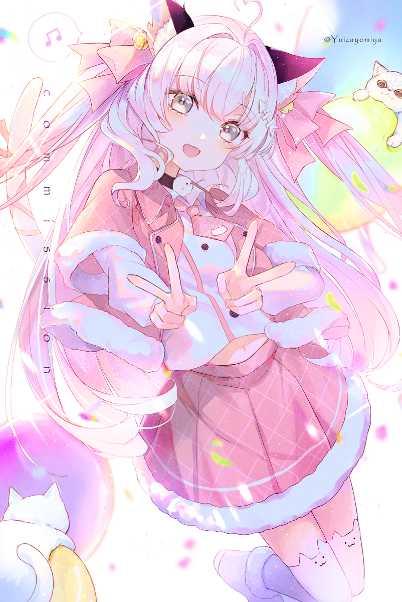 1girl, :d, animal, animal_band_legwear, balloon, bangs, beamed_eighth_notes, bell