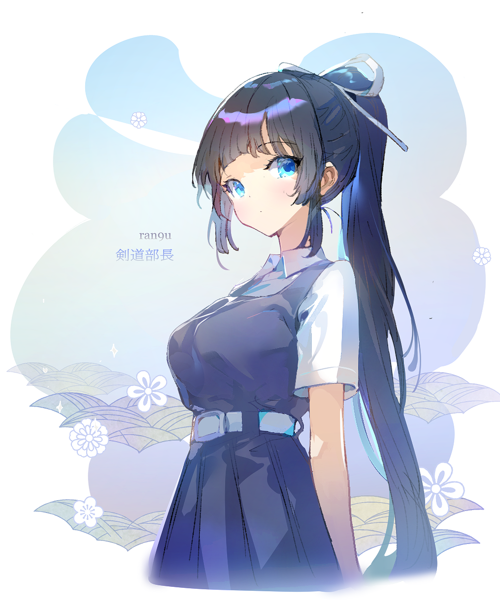 1girl, a2ki, aqua_eyes, arms_behind_back, artist_name, bangs, belt, belt_buckle