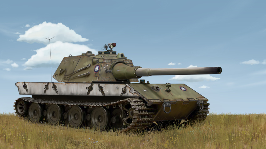 artist_request, caterpillar_tracks, clouds, commentary_request, day, entwicklung-100, grass, ground_vehicle, highres, military, military_vehicle, motor_vehicle, no_humans, tank, world_of_tanks