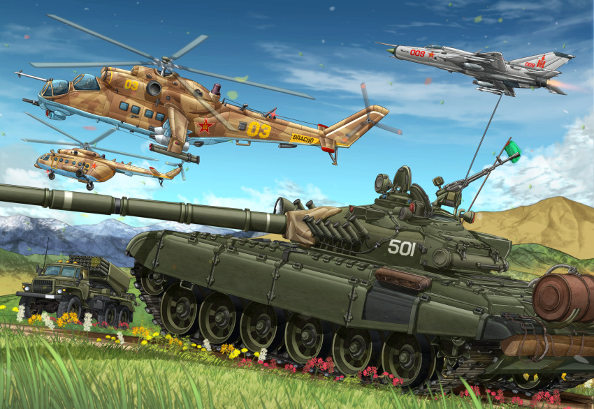 aircraft, airplane, akm, bm-21, brown_eyes, brown_hair, caterpillar_tracks, clouds