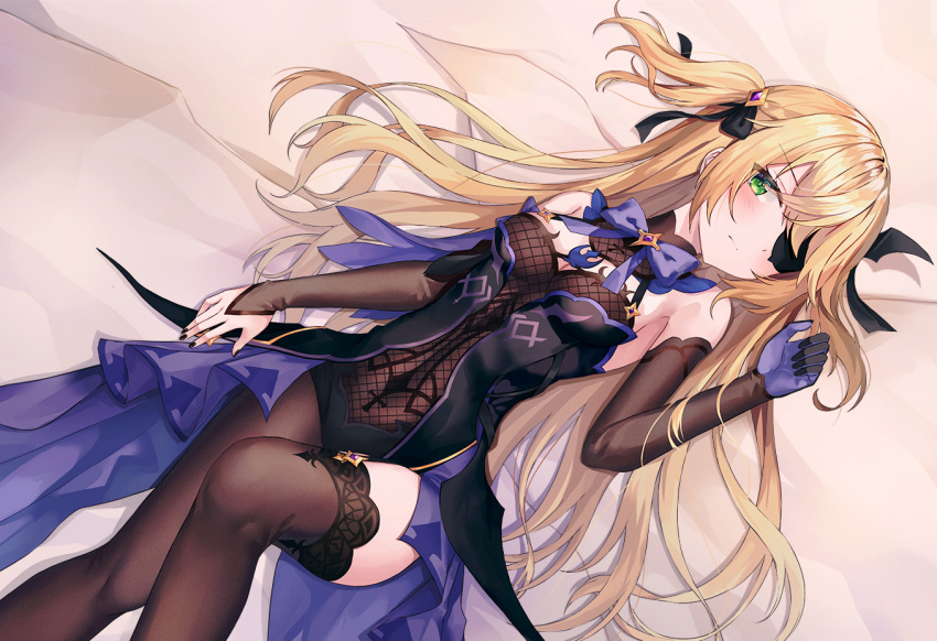 1girl, bare_shoulders, black_dress, black_nails, blonde_hair, bow, bowtie, breasts