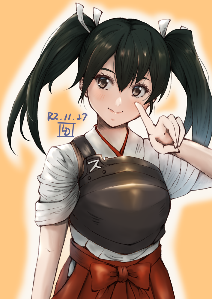 1girl, artist_logo, brown_eyes, cowboy_shot, dark_green_hair, dated, hakama, hakama_skirt, index_finger_raised, japanese_clothes, kantai_collection, ld, long_hair, muneate, red_hakama, ribbon, smile, solo, tasuki, twintails, white_ribbon, yellow_background, zuikaku_(kantai_collection)