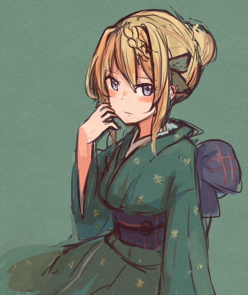 1girl, alternate_costume, alternate_hairstyle, blonde_hair, braid, braided_bun, commentary_request, cowboy_shot