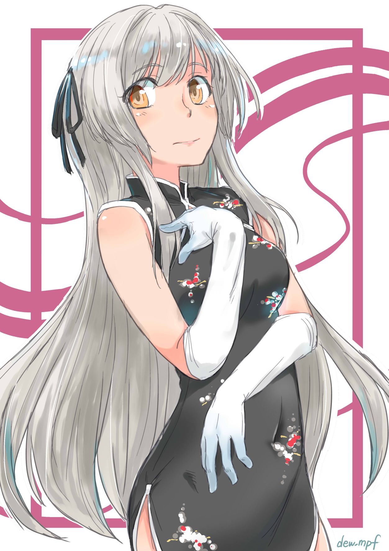 1girl, alternate_costume, black_dress, black_ribbon, brown_eyes, china_dress, chinese_clothes, commentary_request