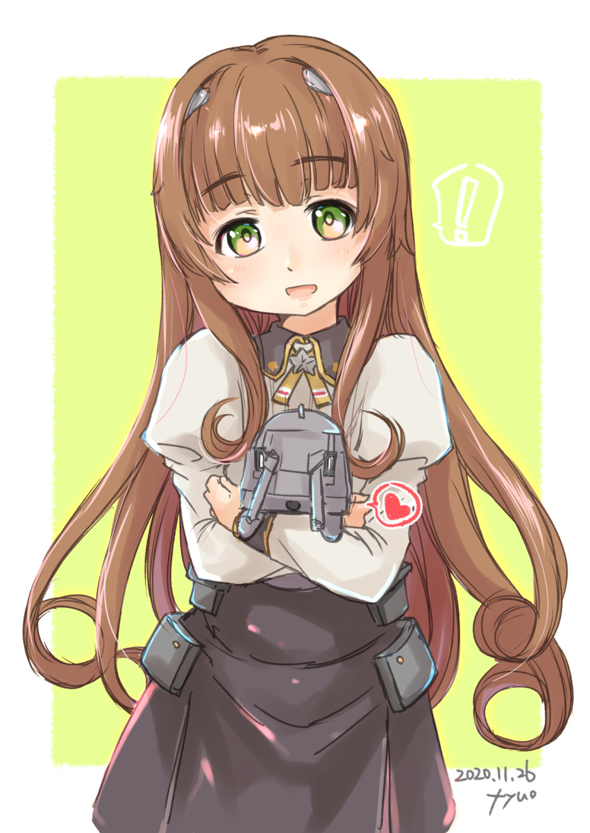 !, 1girl, artist_name, bangs, black_skirt, blunt_bangs, border, brown_hair, commentary_request, cowboy_shot, dated, fyuo, green_background, green_eyes, helena_(kantai_collection), highres, kantai_collection, long_hair, looking_at_viewer, military, military_uniform, neck_ribbon, pin, remodel_(kantai_collection), ribbon, skirt, spoken_exclamation_mark, star_(symbol), two-tone_background, uniform, white_border