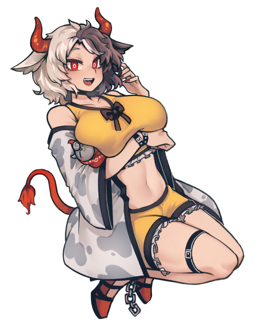 1girl, black_hair, breast_lift, breasts, cow_horns, cow_tail, crop_top, fang