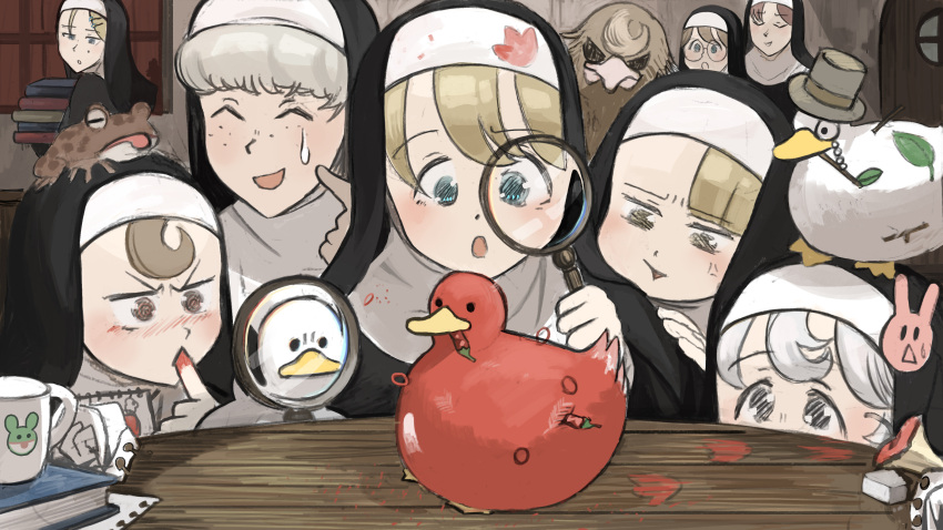 6+girls, :d, :o, ^_^, absurdres, anger_vein, animal_on_head, bird