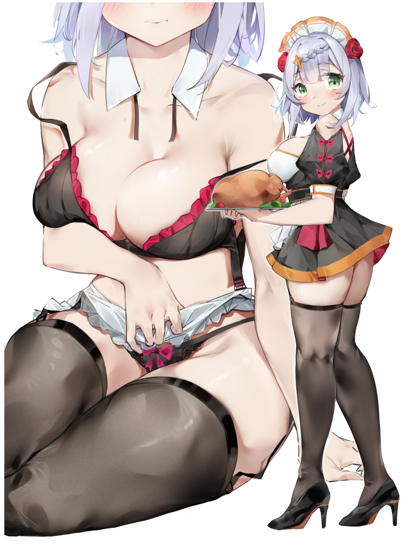 1girl, absurdres, alternate_costume, apron, bare_shoulders, black_bra, black_legwear, black_panties