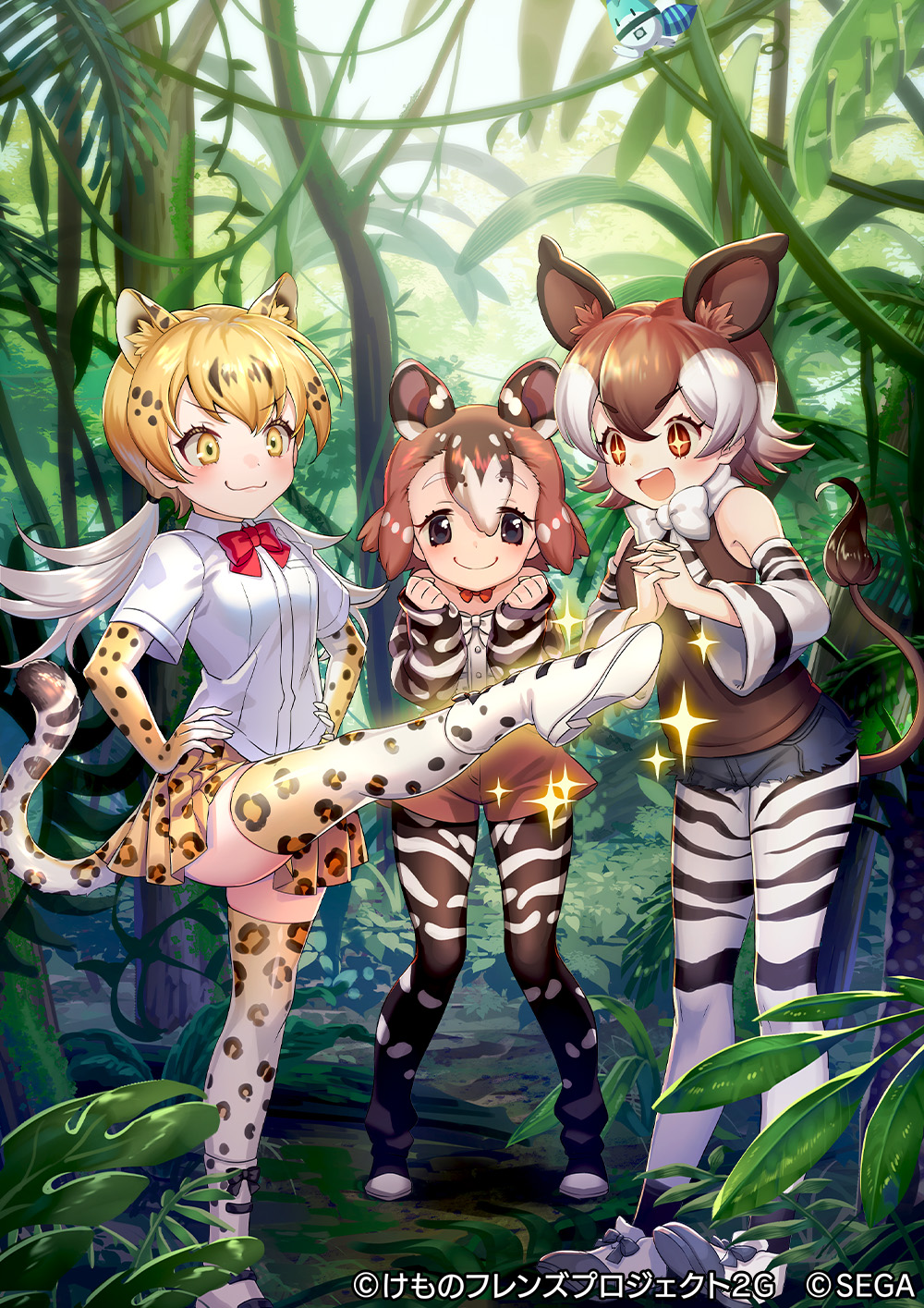 +_+, 3girls, :3, animal_ears, animal_print, baird's_tapir_(kemono_friends), bare_shoulders, blonde_hair