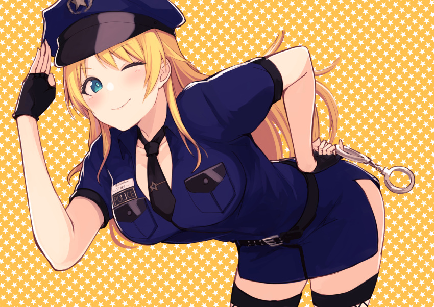 1girl, aqua_eyes, bangs, belt, bent_over, black_gloves, black_neckwear, blonde_hair