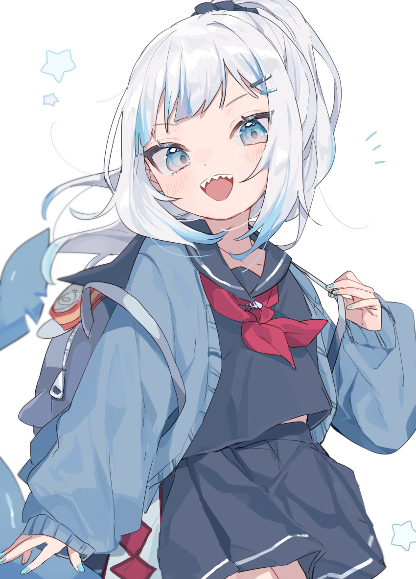 1girl, absurdres, alternate_hairstyle, backpack, bag, bloop_(gawr_gura), blue_eyes, blue_hair