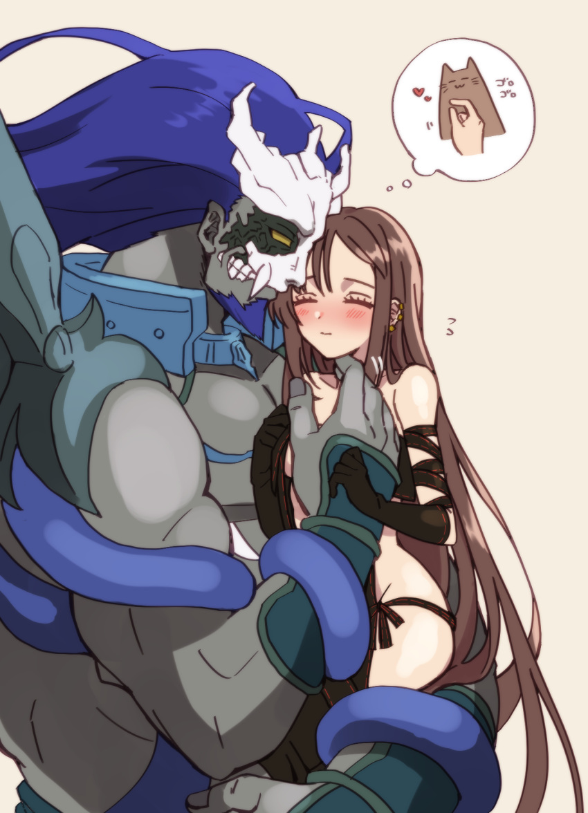 1boy, 1girl, black_gloves, blue_hair, blush, brown_hair, cat, closed_eyes