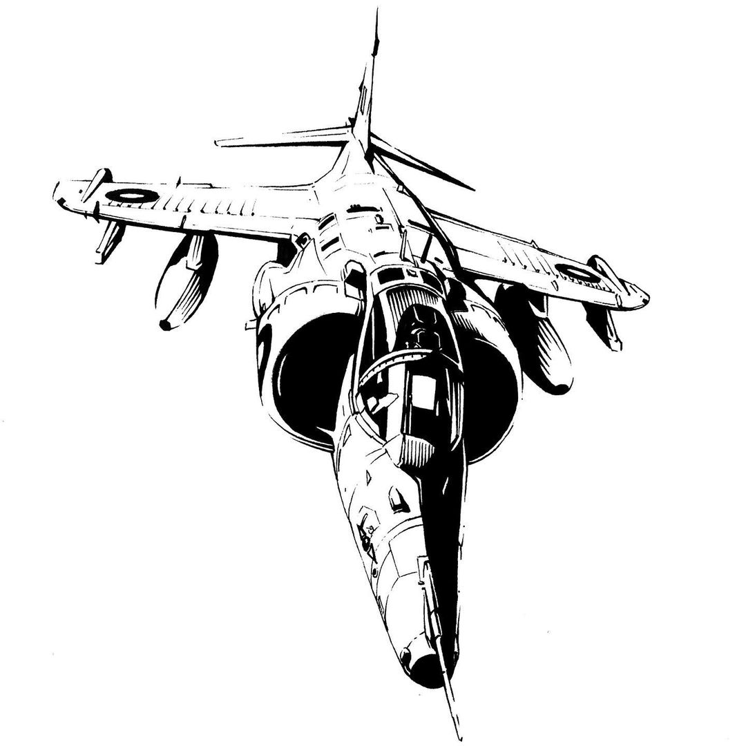 aircraft, airplane, fighter_jet, flying, harrier_jump_jet, jet, military, military_vehicle, missile, monochrome, no_humans, original, reece_b_scott, vehicle_focus, white_background