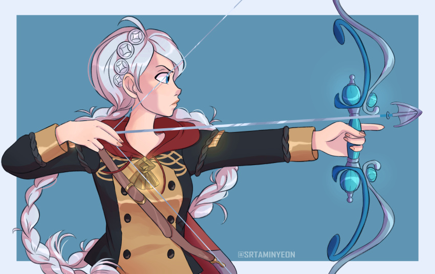 1girl, absurdres, ahoge, alternate_costume, bernadetta_von_varley, bernadetta_von_varley_(cosplay), blue_eyes, bow_(weapon)