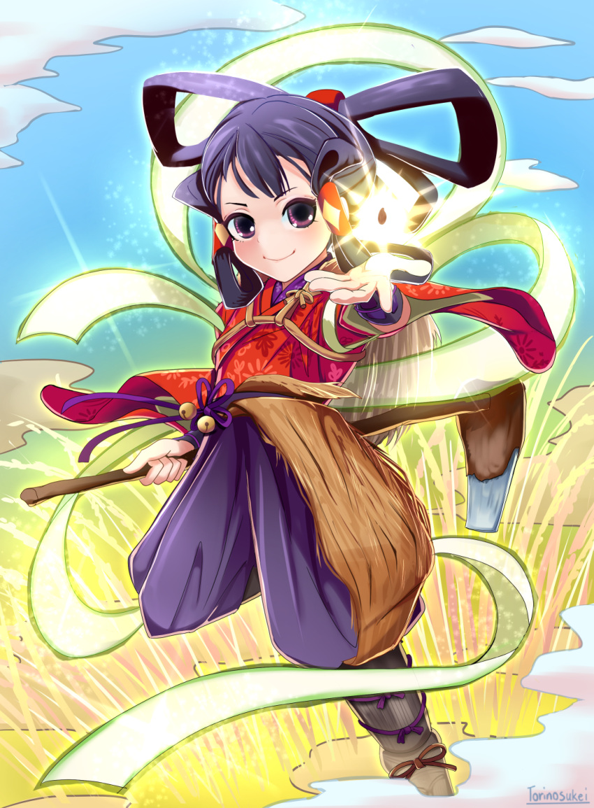 1girl, artist_name, aura, bell, black_hair, blue_sky, boots, bracelet
