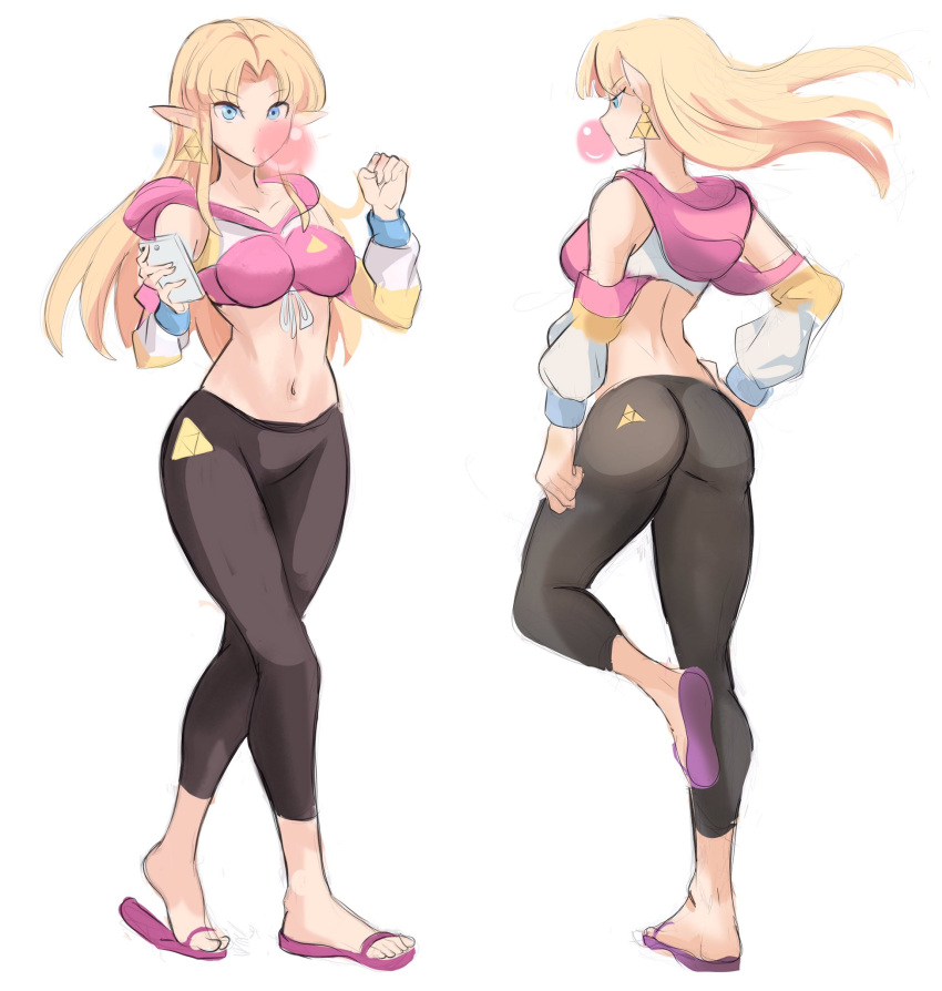 1girl, alternate_costume, ass, bangs, barefoot_sandals, black_legwear, blonde_hair, blue_eyes