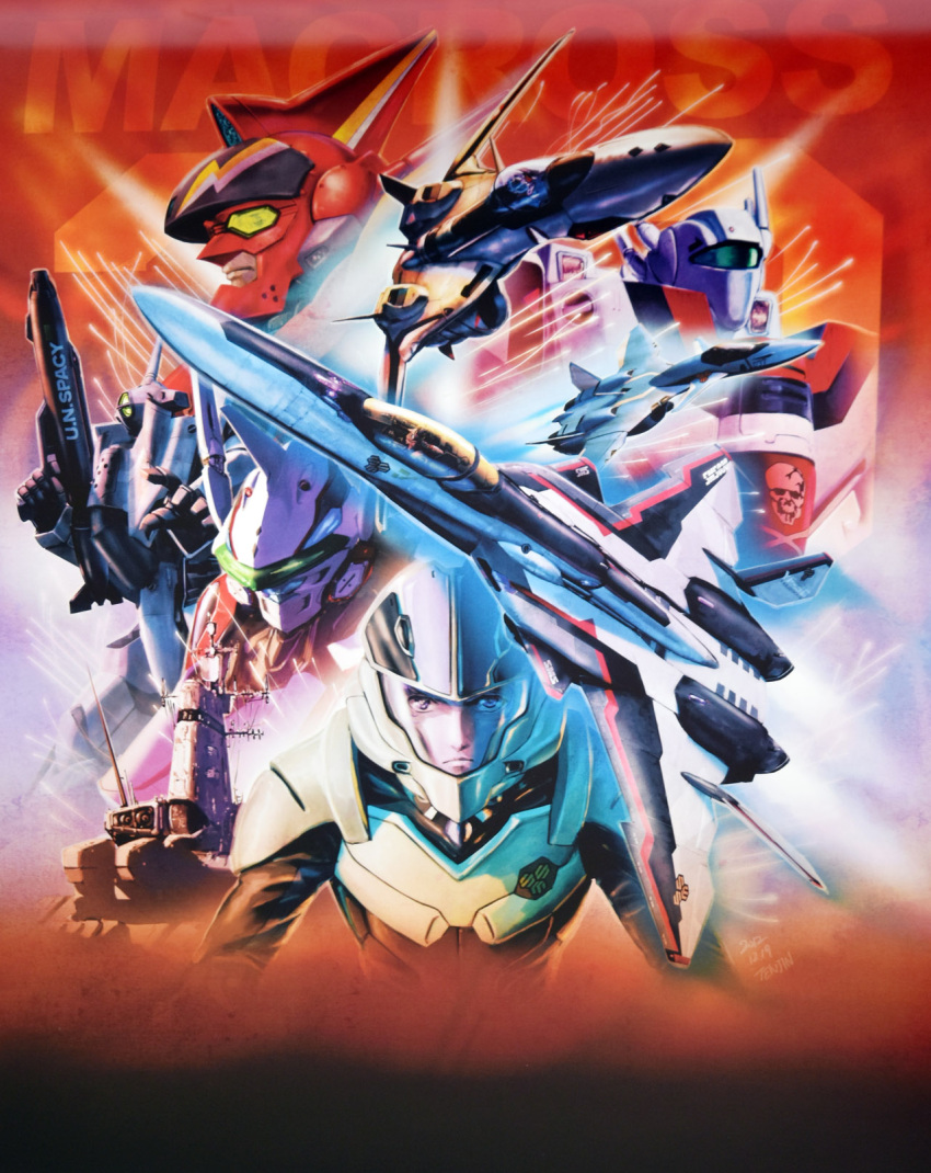 2012, 3boys, afterburner, armor, canards, canopy, choujikuu_yousai_macross, condensation_trail