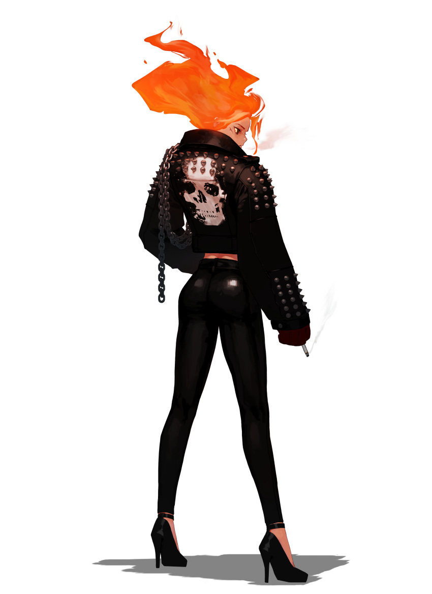 1girl, absurdres, black_footwear, black_jacket, black_legwear, chain, cigarette, dgk, fiery_hair, from_behind, genderswap, genderswap_(mtf), ghost_rider, high_heels, highres, holding, holding_cigarette, humanization, jacket, leather, leather_jacket, leather_pants, looking_down, marvel, orange_hair, pants, scar, smoking, solo, spikes, white_background